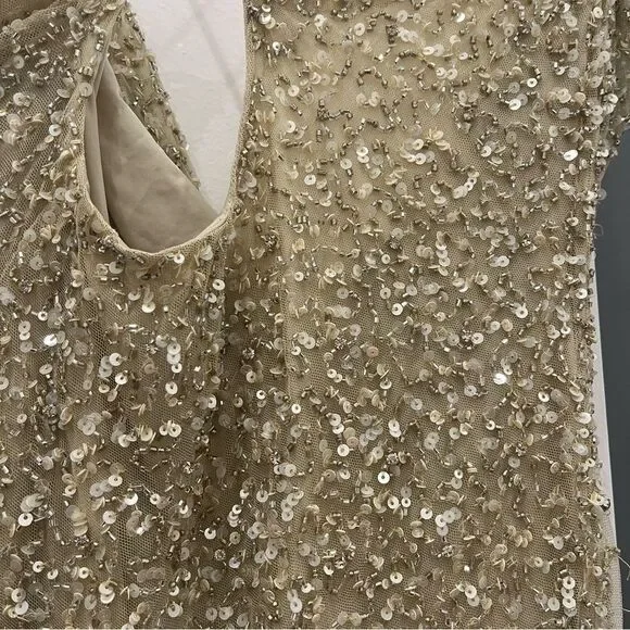 Retrofete Nude Beige Champagne Sequin Beaded Mich Cowl Neck Mini Slip Dress M
